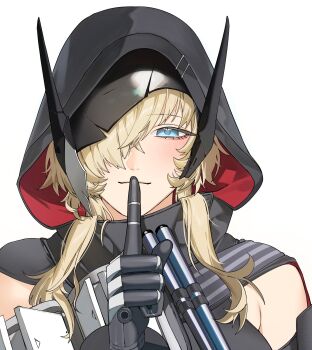 1girl black_cloak black_hood black_mask blonde_hair blue_eyes blush broken_mask cloak closed_mouth commentary finger_to_mouth goddess_of_victory:_nikke grave_(nikke) hair_over_one_eye highres hood hood_up hooded_cloak index_finger_raised looking_at_viewer mask medium_hair metal_gloves portrait shishamo_712 simple_background smile solo symbol-only_commentary white_background