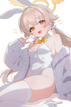 1girl :d absurdres animal_ear_hairband animal_ears bare_shoulders blonde_hair blue_archive bow bowtie breasts cardigan cleavage commentary covered_navel detached_collar fake_animal_ears hair_flaps hairband halo hand_up hifumi_(blue_archive) high_heels highleg highleg_leotard highres leotard long_hair looking_at_viewer low_twintails off_shoulder open_mouth playboy_bunny rabbit_ear_hairband rabbit_ears shoes shusuchii simple_background sitting small_breasts smile solo strapless strapless_leotard symbol-only_commentary thighhighs twintails v very_long_hair white_background white_cardigan white_leotard white_shoes white_thighhighs yellow_bow yellow_bowtie yellow_eyes yellow_halo