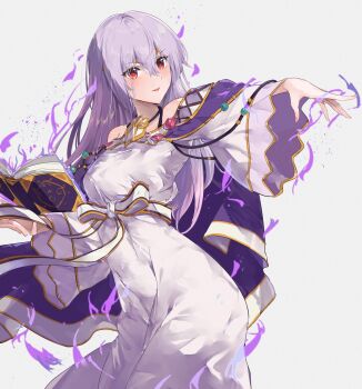 1girl book breasts commission dress fire_emblem fire_emblem:_genealogy_of_the_holy_war fire_emblem_heroes highres holding holding_book julia_(fire_emblem) julia_(heart_usurped)_(fire_emblem) long_hair medium_breasts nintendo parted_lips purple_hair red_eyes second-party_source simple_background skeb_commission solo white_background wide_sleeves yuuri_(orz_commushows)