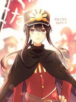 1boy 2girls banner belt black_cape blurry blurry_background brown_belt brown_hair cape center-flap_bangs chromatic_aberration closed_mouth crest family_crest fate/grand_order fate_(series) fiery_hair floating_hair frown gloves grey_gloves hair_between_eyes hand_on_own_hip hat high_collar highres jacket lens_flare light_blush long_hair long_sleeves looking_at_viewer low_ponytail male_focus military_hat military_jacket military_uniform multiple_girls nobori oda_nobukatsu_(fate) oda_nobunaga_(fate) oda_nobunaga_(maou_avenger)_(fate) oda_uri peaked_cap ponytail red_eyes red_hair red_jacket shako_cap sidelocks t_kattu twitter_username very_long_hair white_background