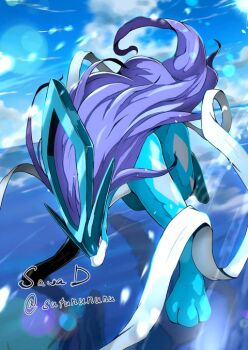 animal_focus blue_fur blue_sky cloud commentary english_commentary gen_2_pokemon legendary_pokemon nintendo no_humans outdoors pokemon pokemon_(creature) pokemon_focus purple_hair red_eyes sawa_d sky solo suicune