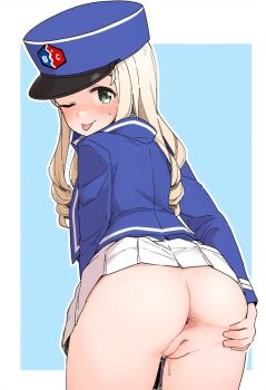 1girl anus artist_request ass bad_id bad_pixiv_id bc_freedom_(emblem) bc_freedom_military_uniform blush emblem from_behind girls_und_panzer grabbing_own_ass green_eyes hat highres kepi looking_at_viewer looking_back marie_(girls_und_panzer) military_hat one_eye_closed pussy pussy_juice solo spread_ass tongue tongue_out