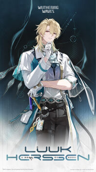 1boy absurdres black_pants blonde_hair bright_pupils character_name coat commentary copyright_notice dna english_commentary english_text gloves gradient_background gradient_clothes gradient_shirt hair_between_eyes hand_on_own_chin hand_up highres id_card logo long_hair looking_at_viewer luuk_herssen_(wuthering_waves) male_focus multicolored_hair official_art pants parted_lips red_eyes shirt sleeve_rolled_up solo streaked_hair thigh_strap white_coat white_gloves white_pupils white_shirt wuthering_waves