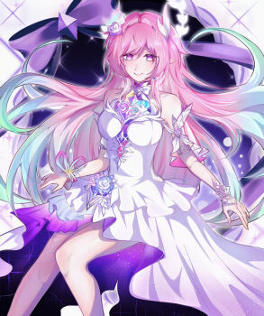 1girl aqua_hair bare_shoulders breasts commentary_request cyrene_(honkai:_star_rail) cyrene_(ripples_of_past_reverie)_(honkai:_star_rail) diamond-shaped_pupils diamond_(shape) dress flower hair_flower hair_ornament highres honkai:_star_rail honkai_(series) large_breasts long_hair looking_at_viewer moonlight_(user_pxxt5525) multicolored_hair pink_hair purple_eyes smile solo symbol-shaped_pupils thighs very_long_hair white_dress white_hair