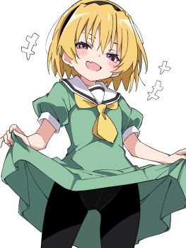+++ 1girl black_hairband black_pantyhose blonde_hair blush clothes_lift commentary dress dress_lift fang green_dress hairband highres higurashi_no_naku_koro_ni houjou_satoko lifting_own_clothes loli loose_hair_strand necktie niyane pantyhose sailor_collar simple_background skin_fang smile solo white_background white_sailor_collar yellow_necktie