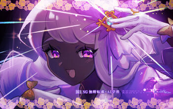 1girl :d commentary_request dark-skinned_female dark_skin dress eyelashes gloves hands_up happy highres jacinthe_(pokemon) jewelry long_hair looking_at_viewer nintendo open_mouth pokemon pokemon_legends:_z-a purple_eyes ring rokuya_(68_zusao) signature smile solo sparkle upper_body white_gloves