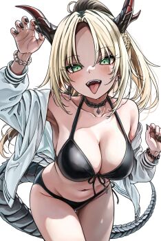 1girl bare_shoulders bead_bracelet beads bikini black_bikini blonde_hair bracelet braid breasts choker cleavage derk_maxx dragon_horns dragon_tail earrings green_eyes highres hololive hololive_dev_is horns jacket jewelry koganei_niko large_breasts looking_at_viewer nail_polish navel open_clothes open_jacket ponytail sharp_teeth solo swimsuit tail teeth tongue tongue_out virtual_youtuber