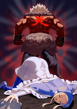 1boy 1girl absurdres akuma_(street_fighter) clenched_hands commentary dark-skinned_male dark_skin from_behind highres ingrid_(capcom) long_hair muscular muscular_male street_fighter street_fighter_6 white_hair yagi2013