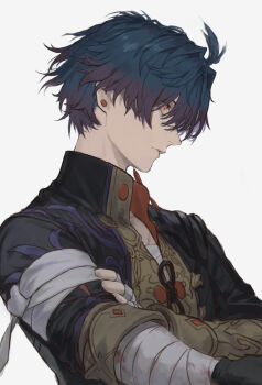 1boy absurdres ahoge alternate_hair_length alternate_hairstyle bandaged_arm bandages bandages_over_clothes black_coat black_ribbon blade_(honkai:_star_rail) blood bloody_bandages blue_hair buttons chinese_clothes coat earrings empty_eyes geebee_79 hair_between_eyes highres honkai:_star_rail honkai_(series) jewelry lips long_sleeves looking_to_the_side male_focus red_eyes ribbon sarashi scar short_hair simple_background single_earring solo teeth upper_body white_background