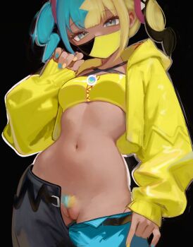 aqua_hair aqua_nails aqua_pubic_hair blonde_hair blonde_pubic_hair blue_eyes breasts canari_(pokemon) clothes_pull colored_pubic_hair commentary cowboy_shot criss-cross_straps crop_top cropped_jacket dark-skinned_female dark_skin english_commentary female_pubic_hair highres hood hooded_jacket jacket mask mouth_mask multicolored_hair navel nintendo oink_(oinkoinkoi) open_clothes open_fly open_jacket pants pants_pull pokemon pokemon_legends:_z-a pubic_hair pussy small_breasts split-color_hair twintails two-tone_hair two-tone_mask uncensored yellow_jacket yellow_nails