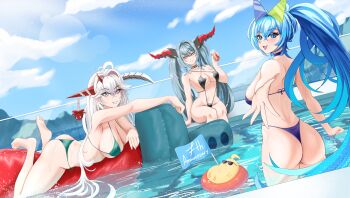 3girls absurdres alternate_costume anniversary ass asymmetrical_horns azur_lane bare_shoulders bikini black_slingshot_swimsuit blue-tinted_eyewear blue_bikini blue_hair blue_sky breasts choker cleavage commentary cowboy_shot dragon_horns english_commentary full_body green-tinted_eyewear green_bikini hair_between_eyes hair_intakes hair_on_horn hakuryuu_(azur_lane) heterochromatic_eyewear highres hill horns innertube kasaiartz large_breasts large_horns long_hair looking_at_viewer lying manjuu_(azur_lane) mechanical_horns mechanical_tail medium_breasts micro_bikini mismatched_horns mole mole_on_breast multiple_girls new_jersey_(azur_lane) new_jersey_(midsummer_leisure)_(azur_lane) official_alternate_costume on_stomach open_mouth red_horns regensburg_(azur_lane) regensburg_(dark_dragon_brilliant_beach)_(azur_lane) sideboob sitting sky slingshot_swimsuit smile spiked_choker spikes standing swim_ring swimsuit tail thong_bikini tinted_eyewear triangular_eyewear very_long_hair water white_eyes white_hair white_horns yellow_eyes
