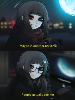 2girls absurdres black_coat black_eyeliner black_eyes black_hair blunt_bangs blurry blurry_background chromatic_aberration closed_mouth coat commentary english_commentary english_text eri_(mikuneki) eyeliner fang fur-trimmed_coat fur_trim glasses hair_ornament hairclip highres holding holding_stuffed_toy looking_at_viewer makeup medium_hair mikuneki monitor multiple_girls original red_scarf riyo_kaede_(mikuneki) scarf screen semi-rimless_eyewear skin_fang smile stuffed_toy under-rim_eyewear