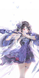 Rule 34 | 1girl, black hair, bracelet, bug, butterfly, detached sleeves, dress, hair ornament, hairband, highres, hmong, holding, holding staff, insect, jewelry, jianxia qingyuan (series), jianxia qingyuan online 3, kangetsu (fhalei), long hair, miao clothes, purple dress, red eyes, solo, staff, thigh strap, weapon