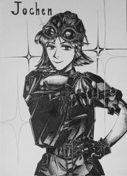 1girl bordfunker133 breast_pocket commentary english_commentary genderswap genderswap_(mtf) goggles goggles_on_head greyscale hand_on_own_hip hans-joachim_marseille hat highres holding luftwaffe marseille-chan_(bordfunker133) military monochrome original photo_(medium) pocket pointing pointing_at_viewer real_life short_sleeves smile soldier solo sparkle tactical_gloves world_war_ii