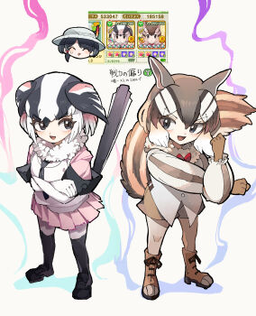 Rule 34 | absurdres, animal ears, bird girl, bird tail, bird wings, black eyes, black hair, boots, bow, bowtie, brown hair, captain (kemono friends), chipmunk ears, chipmunk girl, chipmunk tail, commentary request, elbow gloves, extra ears, feathered wings, gloves, hat, hat feather, head wings, highres, jacket, kanmoku-san, kemono friends, kemono friends 3, long-tailed tit (kemono friends), looking at viewer, multicolored hair, multiple girls, necktie, scarf, shirt, shoes, short hair, shorts, siberian chipmunk (kemono friends), simple background, skirt, tail, thighhighs, vest, white hair, wings