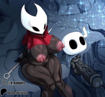 1boy 1girl age_difference black_skin breasts colored_skin erection hollow_knight hollow_knight:_silksong hornet_(hollow_knight) huge_breasts huge_penis huge_testicles karuro-kun knight_(hollow_knight) looking_at_viewer nipples penis shota sitting size_difference testicles veins veiny_penis