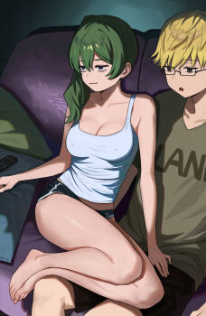 1boy 1girl bare_legs barefoot black_shorts blonde_hair breasts cleavage commentary_request controller couch covered_erect_nipples dolphin_shorts fatzhai feet glasses green_hair hand_on_another's_crotch hetero highres indoors land_(sousou_no_frieren) large_breasts legs long_hair on_couch purple_eyes remote_control short_hair shorts side_ponytail smile sousou_no_frieren tank_top toes ubel_(sousou_no_frieren) watching_television white_tank_top