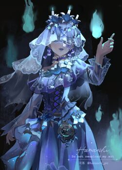 1girl blue_choker blue_corset blue_dress blue_flower blue_lips blue_theme candle choker corset dress dress_flower earrings facing_viewer floating_clothes flower flower_earrings frilled_choker frilled_dress frills hair_flower hair_ornament hanaochi_pic highres identity_v jewelry melly_plinius melly_plinius_(ghost_candle) off_shoulder official_alternate_costume parted_lips see-through_clothes see-through_sleeves solo twitter_username veil veil_over_eyes watermark white_veil