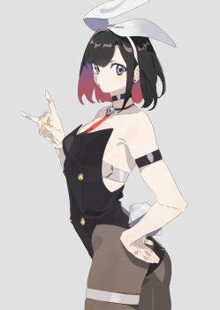 1girl \m/ armband black_choker black_hair black_leotard black_pantyhose bow bow_hairband breasts choker colored_inner_hair commentary_request earrings fake_tail from_side hairband hand_on_own_hip highres jewelry leotard machi_(wm) medium_hair multicolored_hair necklace nontraditional_playboy_bunny original pantyhose playboy_bunny rabbit_tail simple_background skull_necklace small_breasts solo stud_earrings tail thighband_pantyhose white_background white_bow white_hair yellow_nails