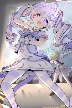 2girls :d black_necktie blue_archive blue_halo blush bow bowtie commentary dab_(dance) diagonal-striped_clothes diagonal-striped_necktie drill_hair earrings gloves green_hair grey_skirt hair_ornament halo highres jewelry long_hair magical_girl miniskirt multicolored_hair multiple_girls necktie official_alternate_costume open_mouth pantyhose pink_hair pink_halo purple_bow purple_bowtie purple_hair purple_pantyhose reisa_(blue_archive) reisa_(magical)_(blue_archive) ritsu_(blue_archive) shirt short_sleeves signature skirt smile star-shaped_pupils star_(symbol) star_earrings star_hair_ornament star_halo striped_clothes striped_pantyhose symbol-shaped_pupils twin_drills twintails two-tone_hair tzcream white_gloves white_shirt wing_hair_ornament