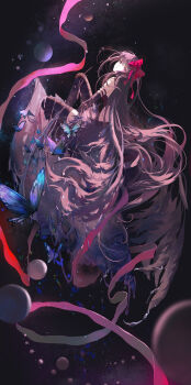 1girl absurdres akemi_homura akuma_homura armlet backless_dress backless_outfit bare_shoulders black_dress black_gloves black_hair black_thighhighs black_wings blue_butterfly bow bug butterfly closed_mouth dress elbow_gloves expressionless feather-trimmed_dress feathered_wings floating floating_hair from_behind full_body gloves hair_bow head_tilt hei_yu highres insect jewelry light_particles long_dress long_hair looking_at_viewer looking_back mahou_shoujo_madoka_magica mahou_shoujo_madoka_magica_(anime) moon purple_eyes red_bow red_ribbon ribbon side_slit solo space thighhighs very_long_hair wings