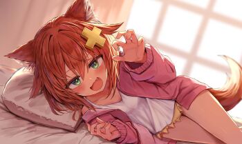 1girl absurdres animal_ear_fluff animal_ears artist_request blurry blurry_background blush brown_hair cardigan cat_ears cat_girl cat_tail commentary_request cross_hair_ornament depth_of_field dutch_angle fang feet_out_of_frame green_eyes hair_between_eyes hair_ornament head_on_pillow highres indie_virtual_youtuber indoors long_bangs long_sleeves looking_at_viewer lying medium_hair micro_shorts nekoname_tuna on_bed on_side open_cardigan open_clothes open_mouth pillow pink_cardigan reaching reaching_towards_viewer red_hair second-party_source shirt shorts sleeveless sleeveless_shirt smile solo spaghetti_strap tail virtual_youtuber white_shirt yellow_shorts