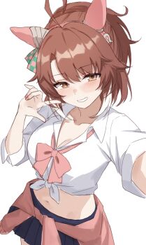 1girl absurdres ahoge animal_ears astroglia_cyte black_skirt blush bow breasts brown_eyes brown_hair cardigan cardigan_around_waist checkered_ribbon cleavage clothes_around_waist collared_shirt commentary_request dantsu_flame_(umamusume) ear_covers ear_ribbon hair_between_eyes hairband highres horse_ears horse_girl large_breasts long_sleeves looking_at_viewer midriff multicolored_hair navel no_tail open_mouth pink_cardigan pink_hairband pleated_skirt reaching reaching_towards_viewer shirt simple_background skirt smile solo tied_shirt umamusume white_background white_hair white_shirt