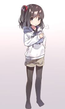 1girl absurdres black_hair black_pantyhose book child closed_mouth expressionless gradient_background highres holding holding_book hood hooded_jacket hoodie jacket looking_at_viewer multicolored_eyes one_side_up original pantyhose short_hair short_shorts shorts side_ponytail solo standing white_background white_jacket zoirun