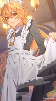 1boy aether_(genshin_impact) alternate_costume apron black_dress blonde_hair clothes_lift crossdressing crossdressing_(mtf) dress enmaided frilled_apron frills genshin_impact hair_between_eyes highres long_hair maid maid_apron maid_headdress male_focus male_maid sg_(under_siiiiii) skirt skirt_lift solo thighhighs white_apron white_thighhighs yellow_eyes