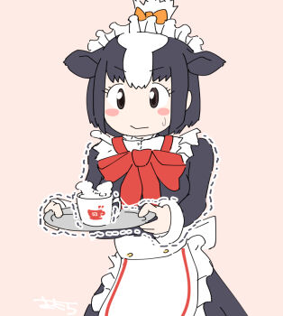 1girl alternate_costume animal_ears apron black_dress black_hair blush bow bowtie collar cow_ears cow_girl cowboy_shot cup dress enmaided extra_ears frilled_apron frilled_collar frills hair_between_eyes hair_bow hair_bun holstein_friesian_cattle_(kemono_friends) japari_symbol kemono_friends kemono_friends_3 long_dress long_sleeves maid maid_apron maid_headdress multicolored_hair official_alternate_costume orange_bow pink_background red_bow red_bowtie sasakura_(jgay7435) short_hair sidelocks solo sweatdrop teacup tray trembling two-tone_hair white_apron white_hair