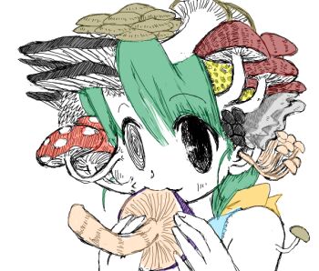 1girl @_@ bad_drawr_id bad_id bare_shoulders black_eyes desu_(nokipu) eating fly_agaric fungal_growth green_hair hands_up holding holding_mushroom mushroom mushroom_on_head oekaki original short_hair simple_background solo too_many_mushrooms white_background