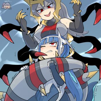 blue_hair blush blush_stickers breast_rest breasts breasts_on_head cartier_(kasugai_(de-tteiu)) commentary detached_sleeves dialga eve_(kasugai_(de-tteiu)) fake_horns furrowed_brow gen_4_pokemon giratina giratina_(origin) grey_hair high_ponytail horned_headwear horns kasugai_(de-tteiu) lamia large_breasts legendary_pokemon maiden_(kasugai_(de-tteiu)) monster_girl musical_note nintendo nose_blush one_eye_closed palkia peeking_out personification pink_hair pokemon ponytail red_eyes siblings sisters snake_bondage sweat tail tail_grab tail_wrap tentacles translated trembling wince |_|