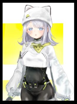 Rule 34 | 1girl, :o, absurdres, arknights, arknights: endfield, bandaid, bandaid on cheek, bandaid on face, black bodysuit, black border, blue eyes, bodysuit, border, bright pupils, commentary request, cowboy shot, crop top, cropped jacket, estella (arknights), grey hair, hat, highres, jacket, kudukimii, light blush, long sleeves, looking at viewer, medium hair, parted lips, partial commentary, puffy long sleeves, puffy sleeves, solo, standing, white hat, white jacket, white pupils