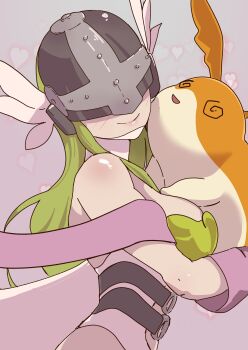 @_@ absurdres angewomon bare_shoulders blonde_hair blush bodysuit breasts clothing_cutout covered_eyes daniel_uribe digimon digimon_(creature) heart helmet helmet_over_eyes highres hug large_breasts long_hair patamon smule stomach_cutout strapless_bodysuit upper_body white_bodysuit winged_helmet