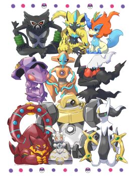 Rule 34 | aqua eyes, arceus, closed mouth, colored sclera, commentary request, crossed arms, crossed legs, darkrai, deoxys, deoxys (normal), fangs, gen 3 pokemon, gen 4 pokemon, gen 5 pokemon, gen 6 pokemon, gen 7 pokemon, gen 8 pokemon, genesect, green eyes, green sclera, hand on own leg, hands on own legs, head rest, highres, keldeo, keldeo (resolute), legendary pokemon, magearna, magearna (normal), master ball, melmetal, meltan, mythical pokemon, nintendo, nostrils, one-eyed, poke ball, pokemon, pokemon (creature), pokemon focus, red eyes, red sclera, saki pokeoekaki, simple background, sitting, smile, volcanion, white background, zarude, zeraora