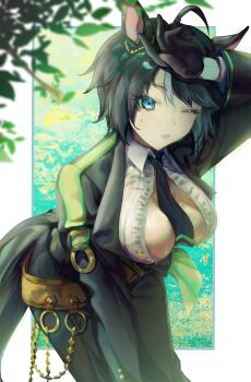 1girl absurdres animal_ears belt black_gloves black_hair black_jacket black_necktie black_pants blue_eyes blurry breasts brown_belt center_frills center_opening cleavage depth_of_field ear_ornament frilled_shirt frills fuji_kiseki_(shooting_star_revue)_(umamusume) fuji_kiseki_(umamusume) gloves highres horse_ears horse_girl horse_tail jacket large_breasts leaning_forward minako_larima necktie one_eye_closed open_mouth pants shirt short_hair solo tail umamusume underbust white_hair white_streaks