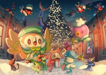 :d bell beret box bright_pupils brown_eyes building ceruledge christmas_tree commentary_request dartrix decidueye delibird drifblim drifloon fuecoco garchomp gen_2_pokemon gen_4_pokemon gen_7_pokemon gift gift_box green_headwear hat highres iron_bundle koraidon litten meowscarada mimikyu miraidon mokukitusui night nintendo no_humans ogerpon open_mouth outdoors pokemon pokemon_(creature) popplio quaxly rowlet sky smile snow sprigatito tatsugiri tinkaton tongue white_pupils window