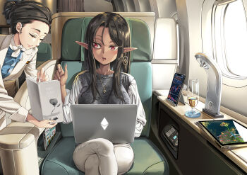 2girls absurdres airplane_interior black_hair blush book breasts business_suit closed_eyes coat computer control crossed_legs dark-skinned_female dark_skin day earrings elf formal_clothes glass highres jewelry laptop large_breasts long_hair magazine_(object) miyu_(miyu_heuung) multiple_girls necklace office_lady open_mouth original plane pointy_ears red_eyes serious single_earring sitting smile suit tablet_pc window