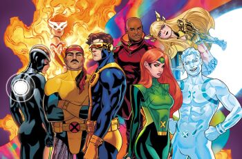 3girls 5boys abs artist_collaboration bald black_bodysuit black_hair blonde_hair blue_bodysuit bodysuit breasts brown_hair commentary cowboy_shot crop_top crossed_arms cyclops_(x-men) dark-skinned_male dark_skin english_commentary fire firestar_(marvel) forge_(x-men) gloves glowing green_bodysuit hair_pulled_back hands_on_own_hips havok headband iceman_(x-men) jean_grey long_hair low_ponytail magik_(x-men) marvel marvel_girl mask matt_wilson multiple_boys multiple_girls muscular muscular_female muscular_male navel official_alternate_costume official_art orange_hair ponytail portal_(object) purple_background rainbow red_headband russell_dauterman scott_summers short_hair superhero_costume synch_(x-men) x-men x-uniform yellow_gloves