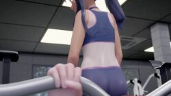 1boy 1girl 3d animated armband ass ass_shake asymmetrical_bangs bare_shoulders blush breasts brown_eyes bulge cameltoe choker covered_erect_nipples developing_erection ear_piercing earclip erection erection_under_clothes exercising gluteal_fold gs-mantis gym gym_shirt gym_shorts hair_ornament hair_tie hairclip ijiranaide_nagatoro-san indoors long_hair looking_at_another looking_back midriff nagatoro_hayase navel nipples one-piece_tan open_mouth piercing ponytail purple_choker purple_shorts purple_sports_bra running see-through_clothes see-through_shirt shirt shorts sitting sitting_on_face sitting_on_person small_breasts smile sound sports_bra tan tanline thighs treadmill twerking video