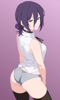 1girl ass black_choker black_thighhighs breasts chainsaw_man choker commentary cowboy_shot green_eyes grey_panties hair_bun highres looking_at_viewer medium_breasts panties purple_background purple_hair reze_(chainsaw_man) senor_h shirt sleeveless sleeveless_shirt solo thighhighs underwear white_shirt