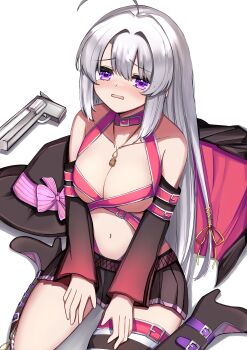 1girl @_@ absurdres ahoge asymmetrical_legwear ayachi_nene bare_shoulders belt belt_bra black_boots black_hat black_skirt blush boots breasts cape cleavage collarbone commentary detached_sleeves embarrassed furrowed_brow grey_hair gun hair_between_eyes hair_intakes hair_ribbon handgun hands_on_own_thighs hat high_heel_boots high_heels highres huge_ahoge jewelry knees_out_of_frame large_breasts long_hair long_sleeves looking_at_viewer miniskirt mismatched_legwear navel necklace open_mouth pink_belt pleated_skirt purple_eyes ribbon sanoba_witch sidelocks simple_background single_thighhigh sitting skirt solo stomach straight_hair striped_clothes striped_thighhighs tearing_up thighhighs thighs unworn_cape unworn_headwear very_long_hair wakaraaan wariza weapon white_background wide_sleeves witch_hat yellow_ribbon zettai_ryouiki