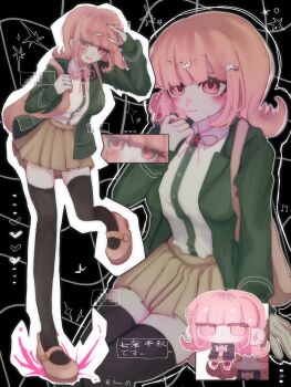 1girl absurdres black_thighhighs blush breasts brown_hair brown_skirt collared_shirt danganronpa_(series) danganronpa_2:_goodbye_despair flipped_hair green_jacket hair_ornament highres hood jacket long_sleeves looking_at_viewer medium_hair miniskirt nanami_chiaki neck_ribbon no-jiru open_clothes open_jacket pink_bag pink_eyes pink_ribbon pleated_skirt ribbon shirt skirt smile thighhighs two-tone_shirt white_shirt