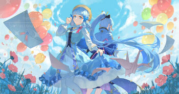 1girl ayaka_(genshin_impact) back_bow balloon blue_bow blue_dress blue_eyes blue_hair blue_sky blunt_bangs blunt_tresses bow braid breasts brown_hat butterfly_hair_ornament closed_mouth cloud commentary_request confetti cowboy_shot dress flower genshin_impact hair_flower hair_ornament hair_up hand_up hat hat_ribbon highres inixixi japanese_clothes kamisato_ayaka kamisato_ayaka_(springbloom_missive) letter long_hair looking_at_viewer mole mole_under_eye multiple_views official_alternate_costume origami outdoors pantyhose paper_crane ponytail red_flower ribbon skirt_hold sky small_breasts smile watermark white_flower white_pantyhose white_ribbon