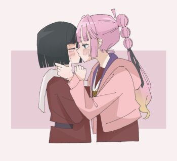 2girls ahoge anyoji_hime artist_collaboration black_hair black_ribbon blonde_hair blue_eyes blunt_bangs blunt_ends blush bob_cut border brown_dress closed_eyes commentary_request detached_ahoge dress gradient_hair hair_ribbon half-closed_eyes hasu_no_sora_school_uniform hood hooded_jacket jacket kiss link!_like!_love_live! long_sleeves love_live! mihasu_ll momose_ginko multi-tied_hair multicolored_hair multiple_girls neckerchief open_clothes open_jacket outside_border pink_background pink_hair pink_jacket ponytail ribbon s_(y7555128265305) sailor_collar sailor_dress school_uniform short_hair simple_background sweatdrop virtual_youtuber white_border white_sailor_collar winter_uniform yellow_neckerchief yuri