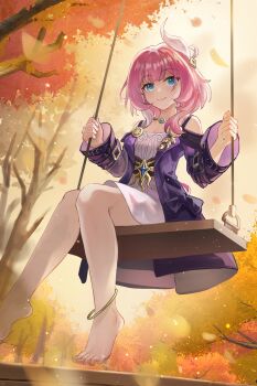 absurdres autumn barefoot blue_eyes breasts coat cyrene_(aedes_elysiae)_(honkai:_star_rail) cyrene_(honkai:_star_rail) dress falling_leaves feet hair_ornament henjiwumei highres honkai:_star_rail honkai_(series) jewelry leaf looking_at_viewer missing_commentary multicolored_hair necklace on_swing outdoors pink_hair purple_coat short_hair small_breasts smile swing swing_set toes tree two-tone_hair white_dress white_hair