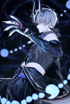 1boy absurdres aoyagi_touya bare_shoulders claws closed_mouth crop_top demon_boy earrings fujo0t4ku glowing glowing_eyes hashtag-only_commentary highres horns jewelry looking_at_viewer male_focus mole mole_under_eye multicolored_hair navel necklace official_alternate_costume pearl_necklace project_sekai shinnen_kotohogu_inori_no_mai_(project_sekai) solo watermark