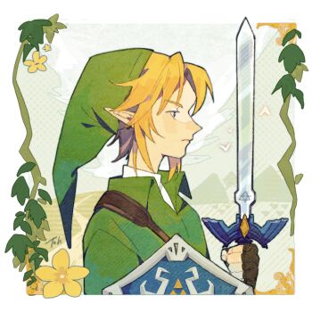 1boy black_gloves blonde_hair border brown_strap chest_strap closed_mouth collared_tunic commentary_request fingerless_gloves flower gloves green_hat green_tunic hat holding holding_shield holding_sword holding_weapon hylian_shield leaf left-handed light_frown link long_pointy_ears looking_ahead male_focus master_sword mi_tang mountain nintendo path plant pointy_ears profile road shield shirt solo sword the_legend_of_zelda the_legend_of_zelda:_ocarina_of_time tunic weapon white_border white_shirt wing_collar yellow_flower