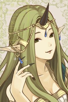 1girl ak_87_kt fingernails fire_emblem fire_emblem_echoes:_shadows_of_valentia green_eyes green_hair green_nails highres horns long_hair looking_at_viewer mila_(fire_emblem) nail_polish nintendo pointy_ears sharp_fingernails single_horn solo very_long_fingernails