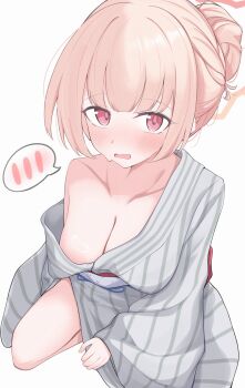 1girl absurdres blue_archive blush breasts cleavage embarrassed hair_bun highres japanese_clothes kimono medium_breasts nodoka_(blue_archive) nodoka_(hot_spring)_(blue_archive) omgrhr open_mouth pink_hair single_bare_shoulder single_hair_bun single_off_shoulder sweat sweatdrop white_background yukata